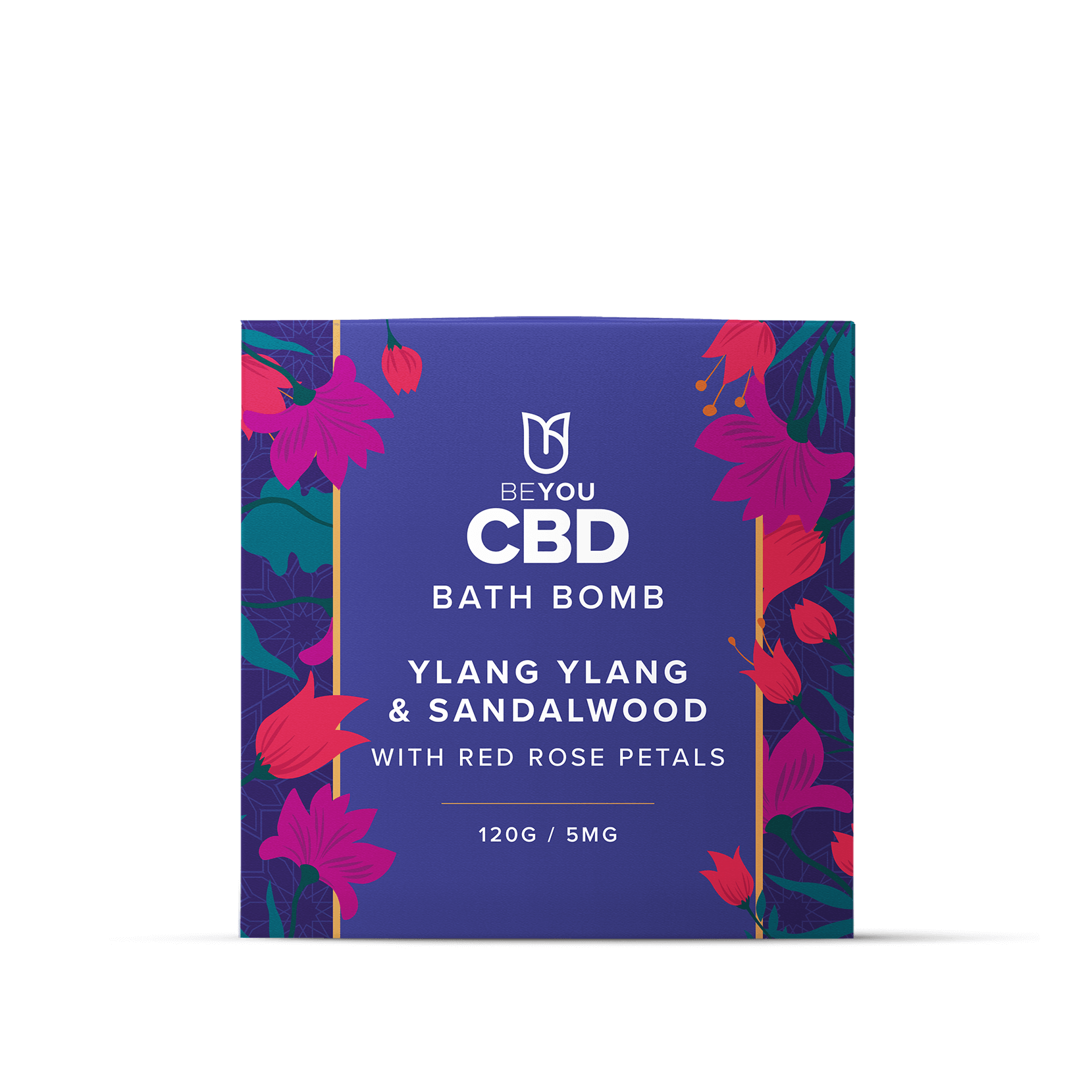luxury CBD bath bomb with ylang ylang essential oil and sandalwood essential oil with red rose petals