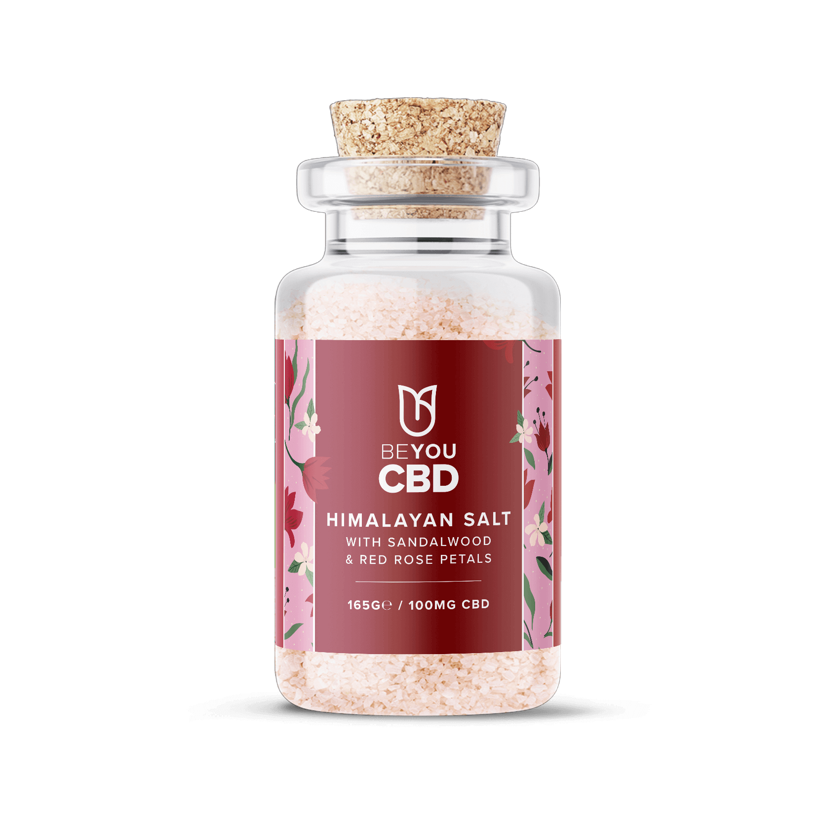 CBD and himalayan bath salts with sandalwood essential oil and red rose petals for a bath which is 100% natural