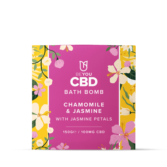 high strength CBD bath bomb with chamomile oil and jasmine oil combined with jasmine petals for sleep